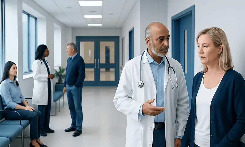 Doctor consulting with a patient in a hospital corridor.