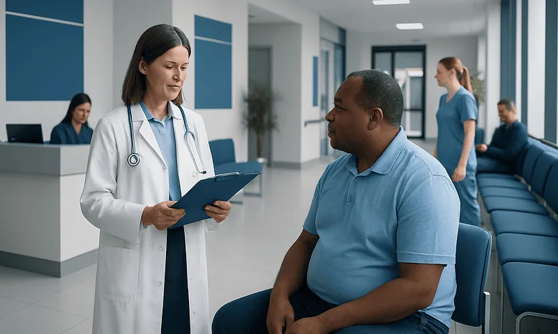 Doctor consulting with a patient in a hospital corridor.
