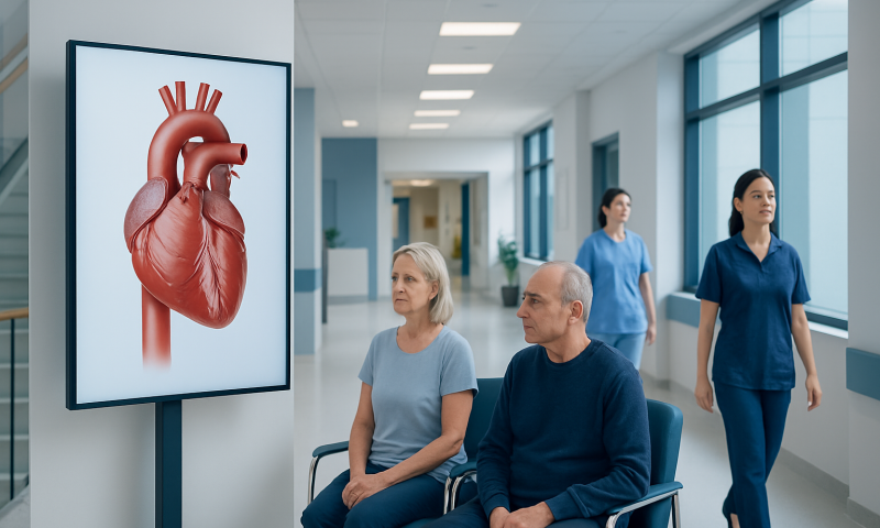 Patients in a hospital waiting area viewing a heart diagram on a screen.