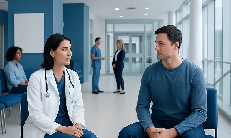 Doctor consulting patient in hospital corridor with waiting area.