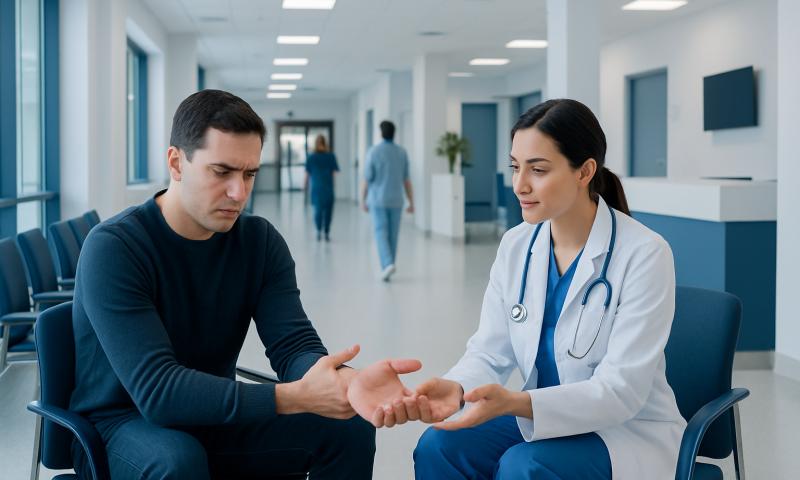 Doctor examining patient's wrist in hospital corridor.