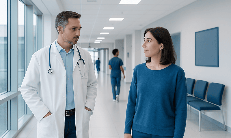 Doctor and patient having a discussion in a hospital corridor.