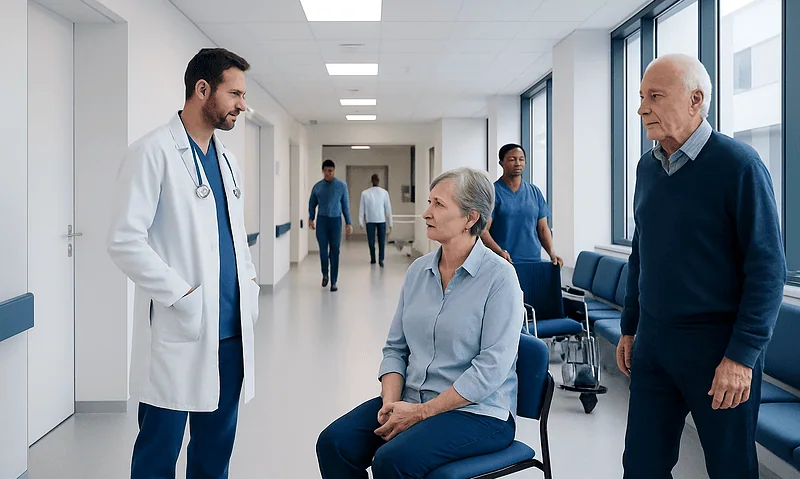 Doctor consulting elderly patient in hospital corridor with visitors nearby.