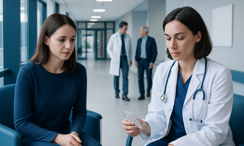 Doctor consulting with a patient in a hospital corridor.