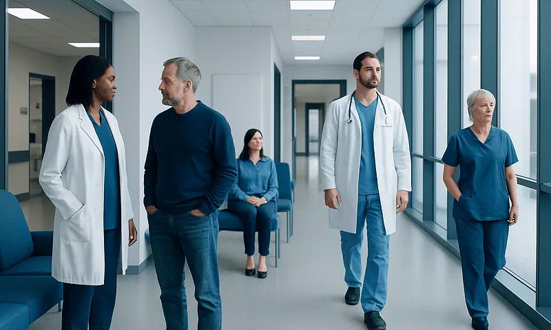 Medical professionals and patients in a hospital corridor at Acibadem Hospitals Group.