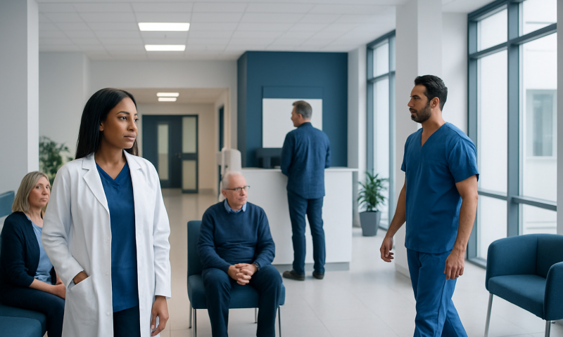Medical professionals and patients in a hospital waiting area.