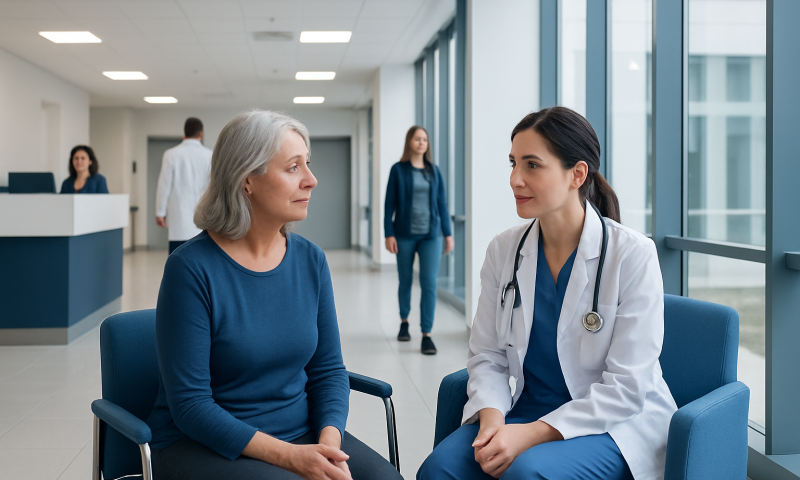 Doctor consulting with an elderly female patient in a hospital corridor.