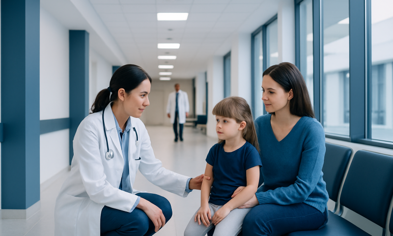 Uti in Toddler Girl Treatment: How It Works, Results and What to Expect 14 Pediatric doctor consulting young girl and mother in hospital corridor.
