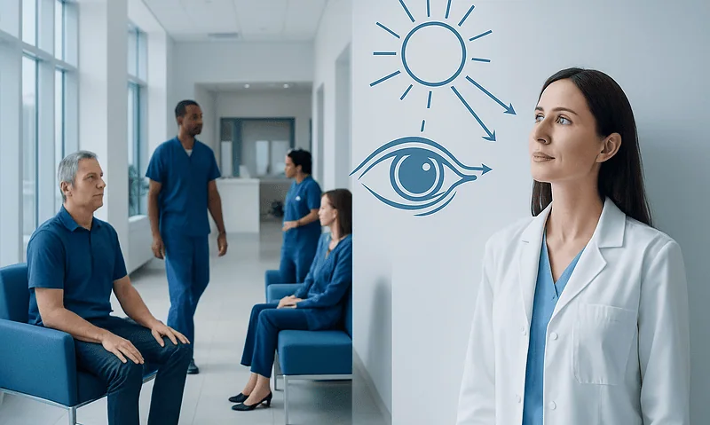 Doctor and patients in a medical consultation room with eye health illustrations.