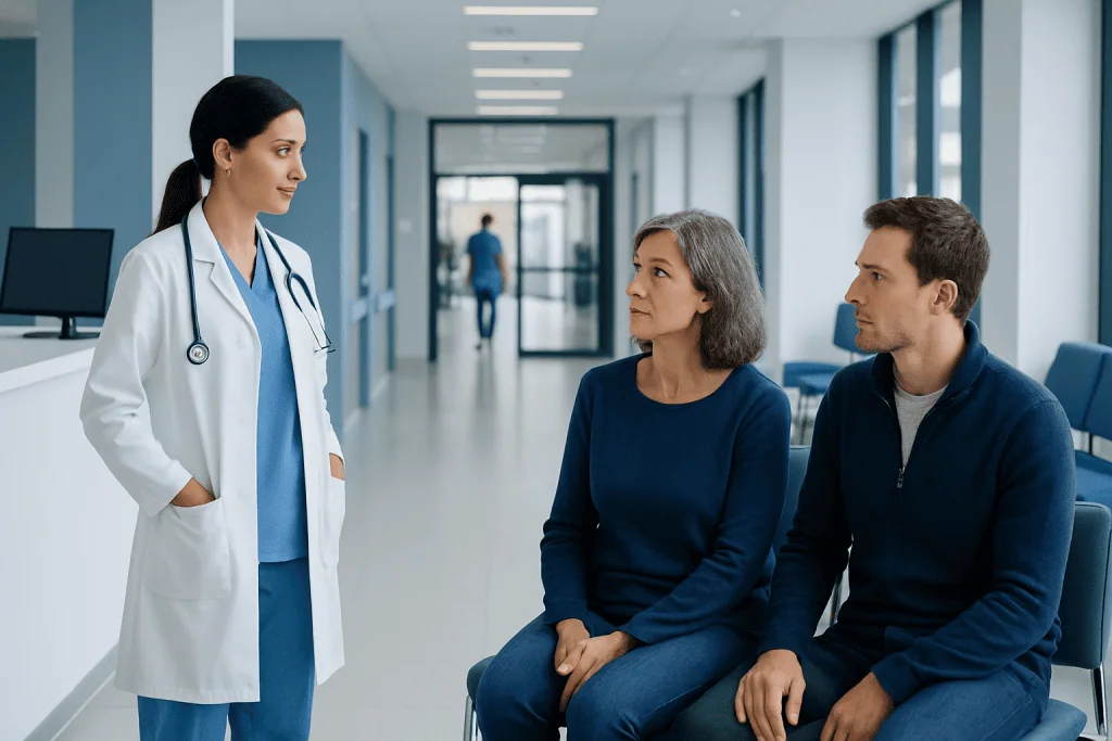 Uveitis Treatment: How It Works, Results and What to Expect 1 Doctor consulting with patients in a hospital corridor.