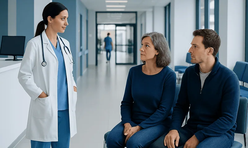 Doctor consulting with patients in a hospital corridor.