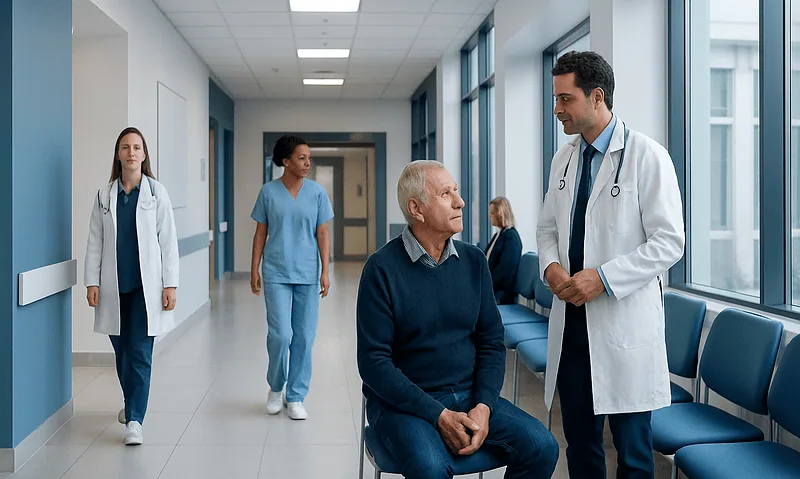 Doctor consulting elderly patient in hospital corridor with medical staff in background.