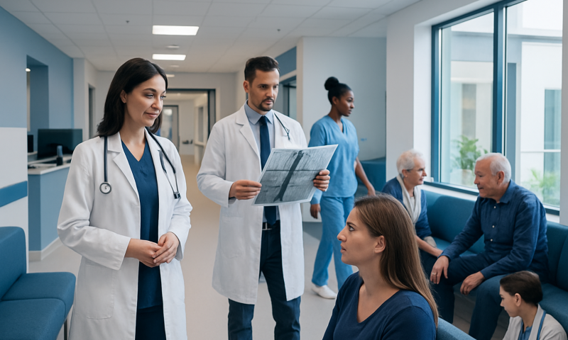Medical team consulting with patients in a hospital corridor.