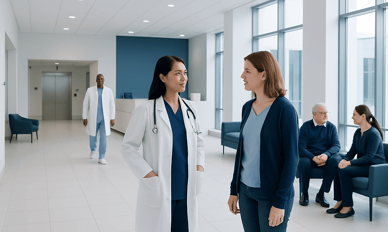 Medical professionals consulting in a modern hospital lobby.
