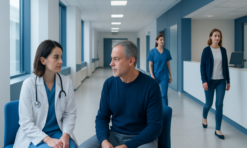 Doctor consulting patient in hospital corridor with nurses nearby.