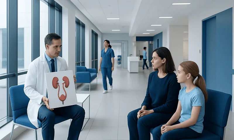 Doctor explaining vesicoureteral reflux to young girl and mother in hospital.