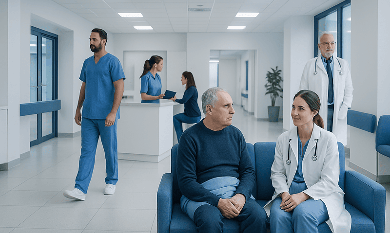 Medical team and patient in a hospital corridor at Acibadem Hospitals Group.