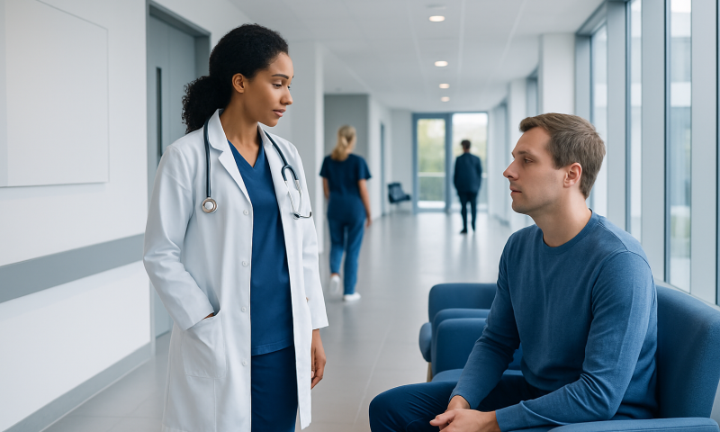Doctor consulting patient in hospital corridor for viral meningitis treatment.