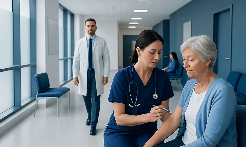 Nurse preparing injection for elderly patient in hospital corridor.