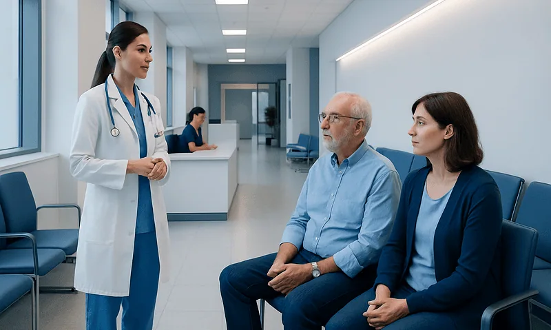 Doctor consulting with patients in a modern hospital corridor.