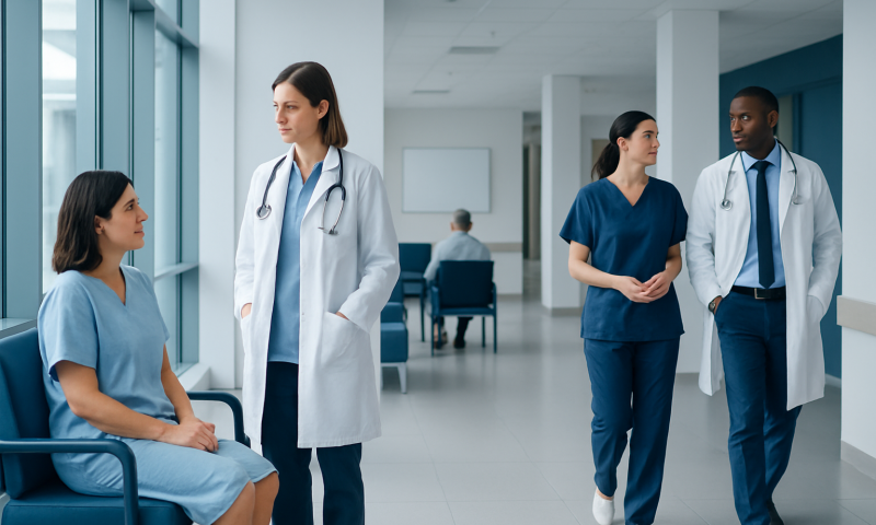 Medical team consulting patient in hospital corridor at Acibadem Hospitals.