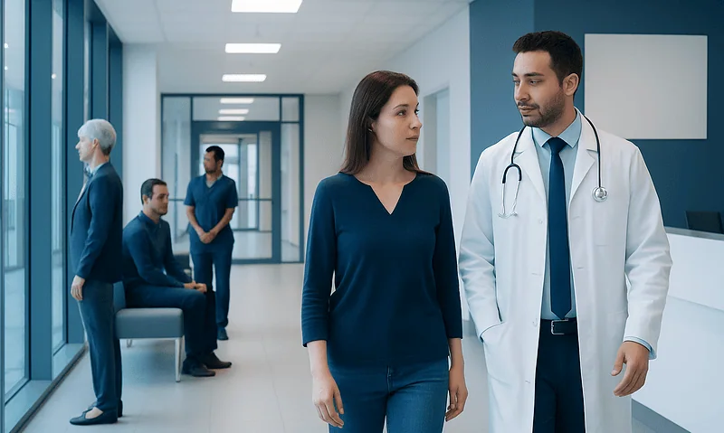 Doctor and patient talking in hospital corridor with other staff in background.