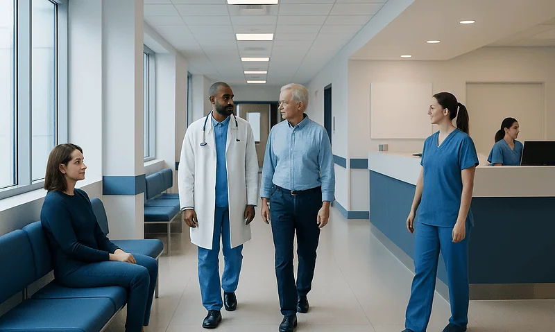 Medical professionals and patient in a hospital corridor.