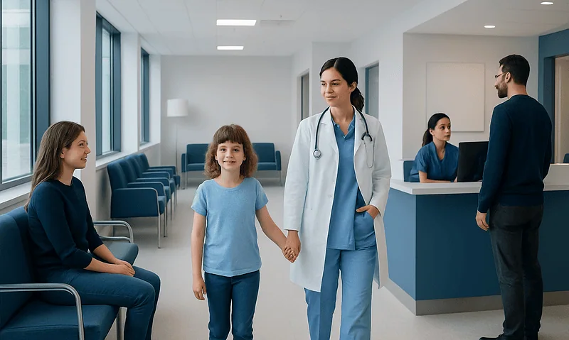 Pediatric doctor holding child's hand in hospital waiting area.