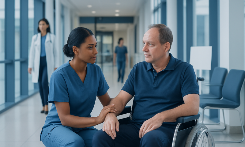 Healthcare professional comforting a patient in a wheelchair at hospital.