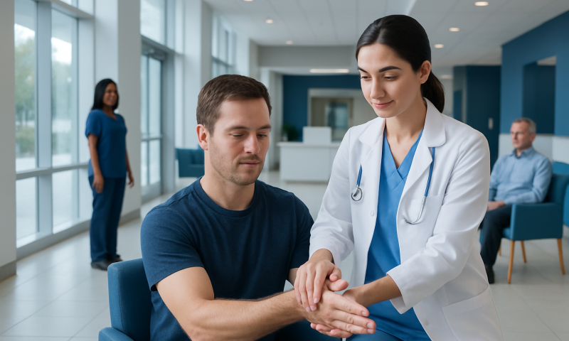 Doctor examining patient's wrist in a hospital setting.
