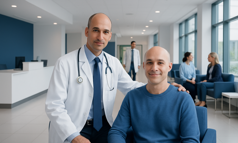Doctor with patient in modern hospital lobby.