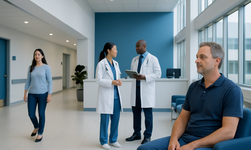 Medical professionals consulting with a patient in a modern hospital lobby.