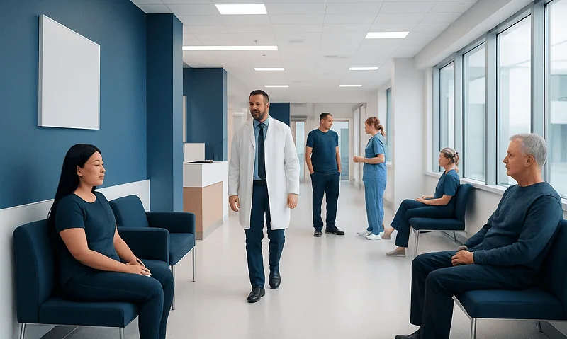 Medical staff and patients in a hospital waiting area.