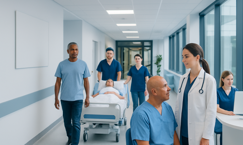 Medical team attending to patient in hospital corridor with staff and doctors.