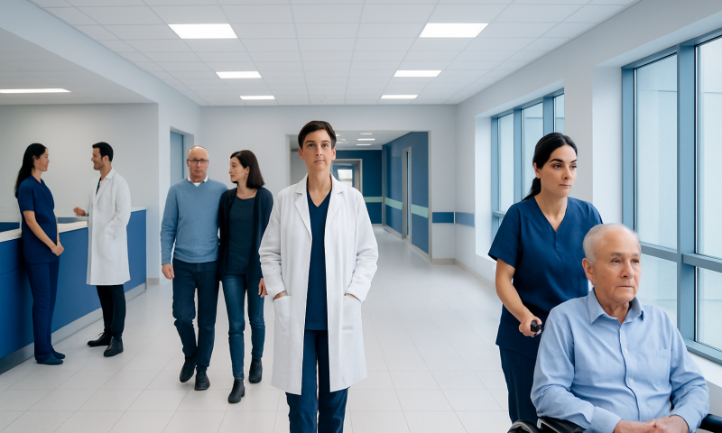 Medical team and patients in a modern hospital corridor.