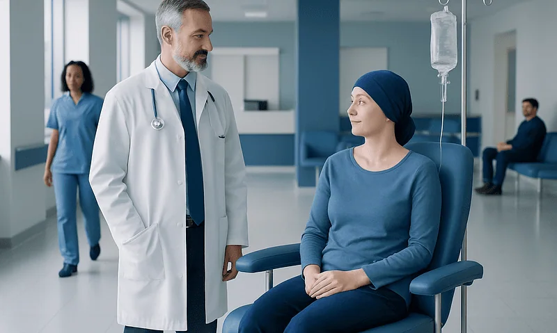 Doctor consulting a patient undergoing chemotherapy in hospital.