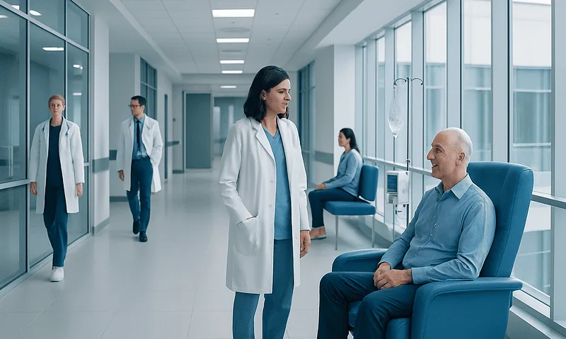 Medical team consulting with a patient in a hospital corridor.