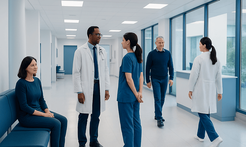 Medical team discussing patient care in hospital corridor.