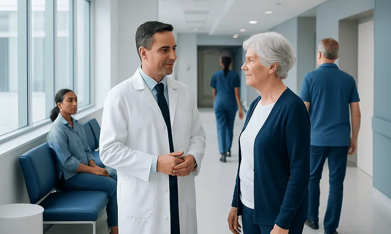 Multifocal Lens Implant Patient Reviews: An Evidence-Based Patient Guide 11 Doctor consulting elderly patient in hospital corridor.