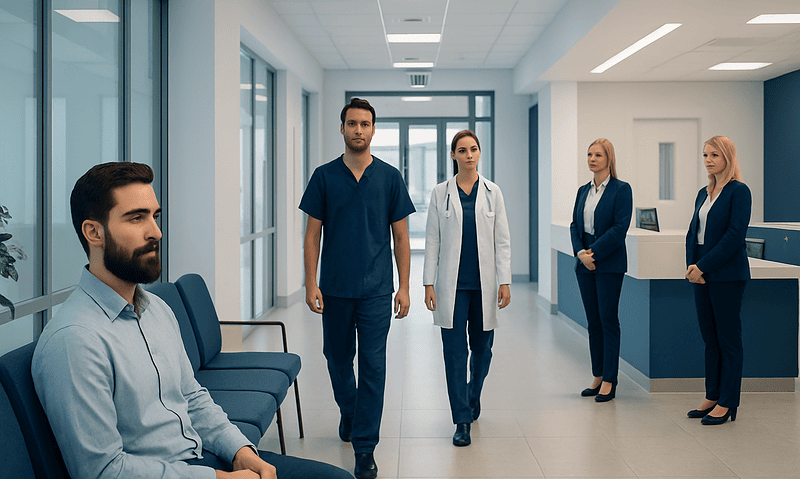 Medical team in hospital corridor preparing for patient consultation.