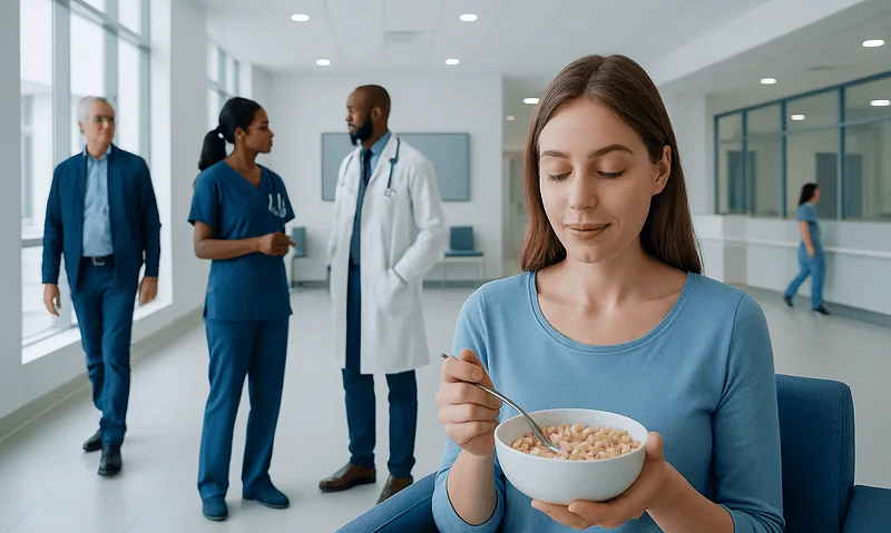 Young woman eating cereal in hospital cafeteria with medical staff in background.