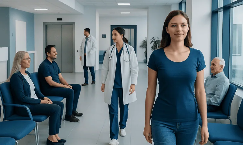 Young woman waiting in hospital corridor with medical staff and patients.