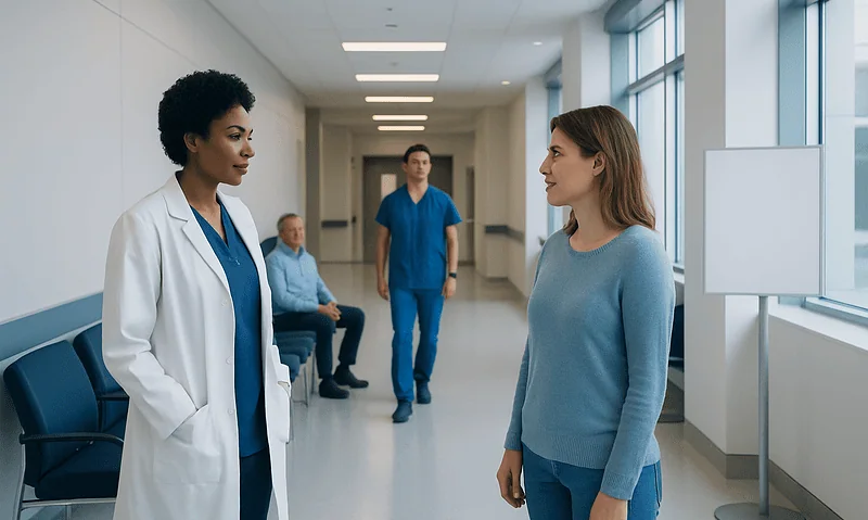 Doctor and patient having a conversation in hospital corridor.