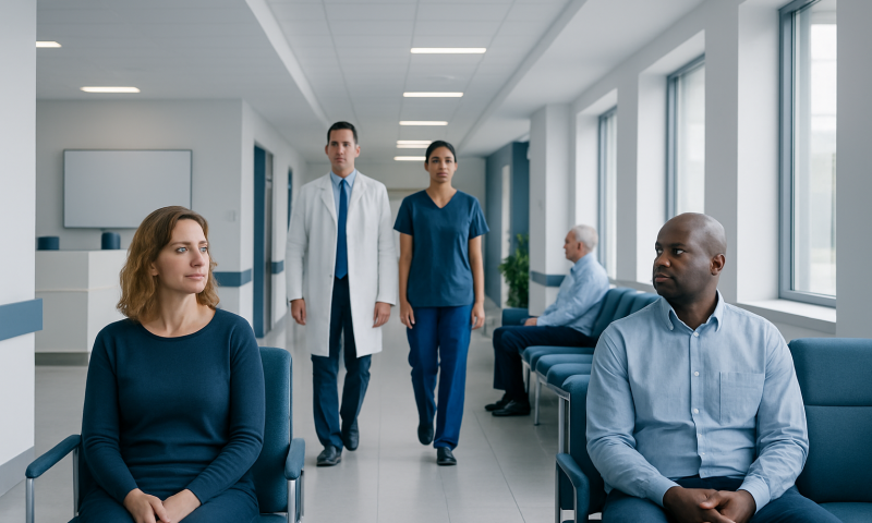 Patients waiting in a hospital corridor with medical staff nearby.