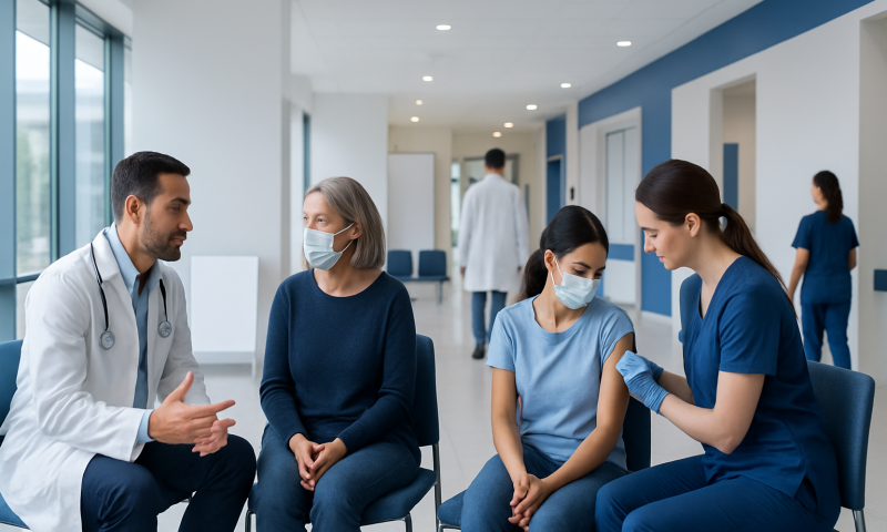 Healthcare professionals and patients in a hospital waiting area wearing masks.