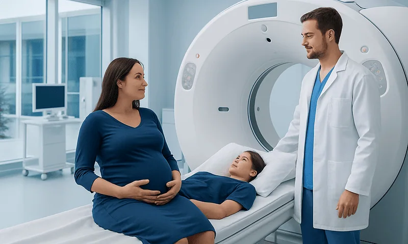 Pregnant woman and child undergoing MRI scan in hospital.
