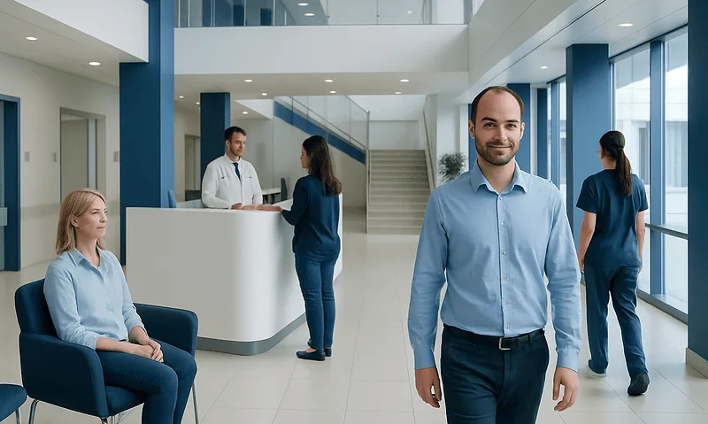 Modern hospital lobby with staff and patients at Acibadem Hospitals Group.