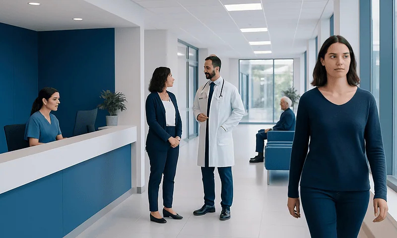 Modern hospital reception area with medical staff and patients in Turkey.