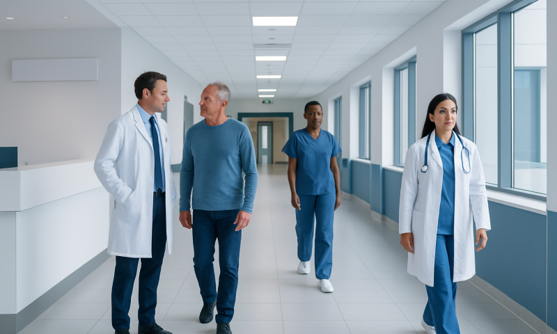 Medical team walking in hospital corridor with patient and doctors.