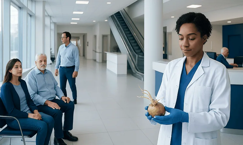 Can You Eat Potatoes That Have Sprouted? Causes, Explanations, and Next Steps 8 Healthcare professional holding a potato in a hospital corridor.